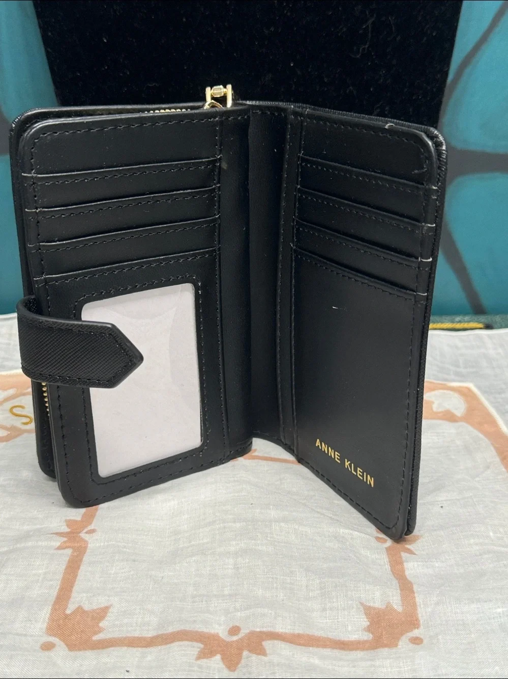 Anne Klein Black Saffiano Zip Wallet with Gold Horsebit Accent